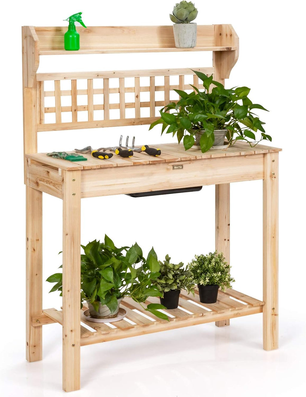 Giantex Garden Potting Bench, Outdoor Wood Work Table w/Sliding Tabletop, Planter Bench Work Station w/Removable Sink & Storage Shelves for Backyard Patio Balcony, Natural
