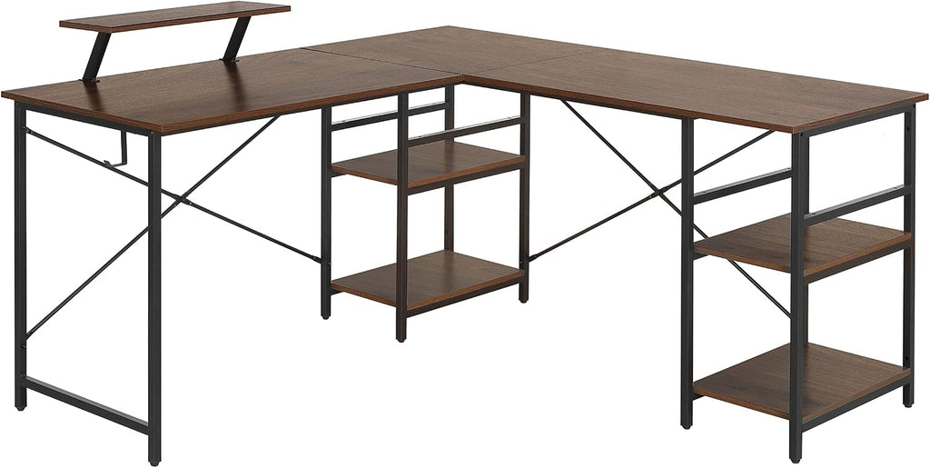 Techni Mobili Office Desk - Reversible L Shaped Desk with Storage Shelves, Monitor Stand & Accessory Holder - Ergonomic & Industrial Workstation Corner Table with Durable Steel Frame, Walnut