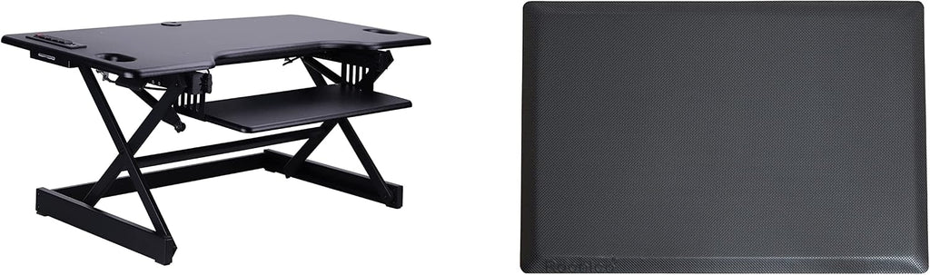 Rocelco 46' Height Adjustable Standing Desk Converter with AC USB Charger and Anti Fatigue Floor Mat - Sit Stand Up Triple Screen Riser Workstation - Keyboard Tray - Black (R DADRB-46-ACUSB-MAFM)