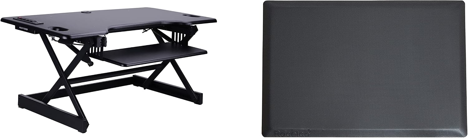 Rocelco 46' Height Adjustable Standing Desk Converter with AC USB Charger and Anti Fatigue Floor Mat - Sit Stand Up Triple Screen Riser Workstation - Keyboard Tray - Black (R DADRB-46-ACUSB-MAFM)