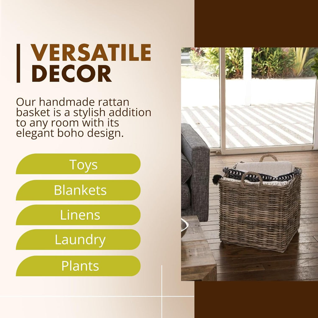 KOUBOO Large Square Rattan Basket, Handmade, Living Room, Blankets, Toy Bin, Extra Storage, Decorative Storage, Laundry Basket, Linens, Gray & Brown, Large