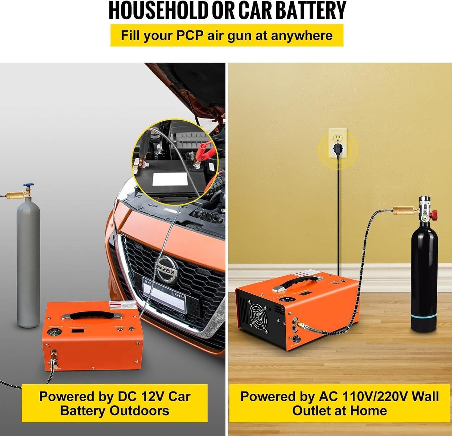 4500 PSI PCP Air Compressor - 12V/110V-240V, High-Pressure Electric Pump for Airgun, Paintball, Diving - Auto-Stop Feature for Safety - 30 MPa Output