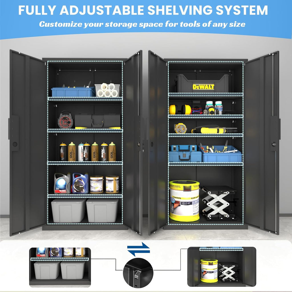 Metal Garage Storage Cabinet with Lock, 71' Tall Steel Storage Locker with 4 Adjustable Shelves, Heavy Duty Metal Cabinet for Garage, Office, Home, 31.5'W × 16.5'D, Black