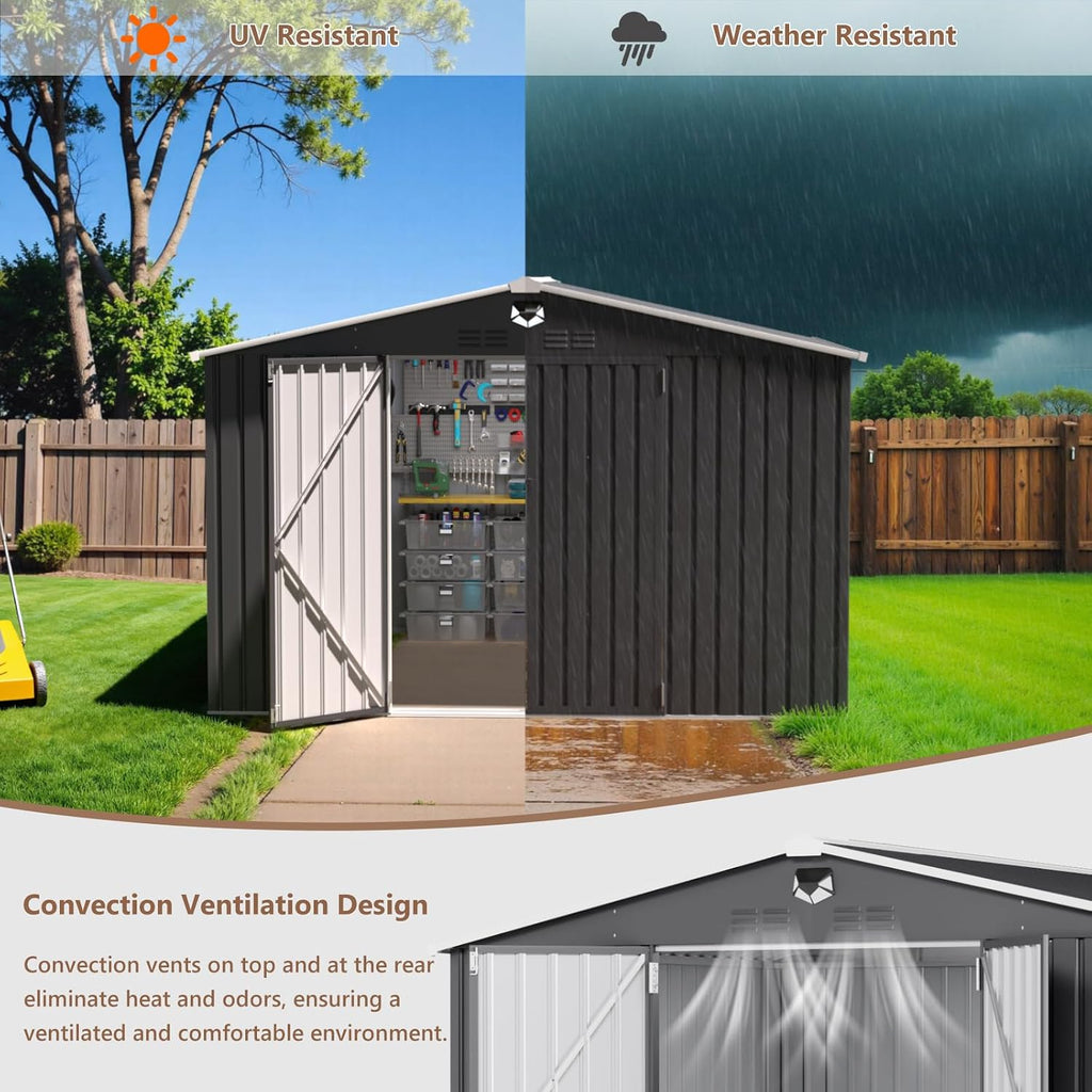 10x8 FT Outdoor Storage Shed, Metal Garden Shed - Tool Storage Sheds with Lockable Doors & 1 Vented Clear Window, Waterproof Outside Storage Building for Backyard, Patio (Black; Floor Not Included)