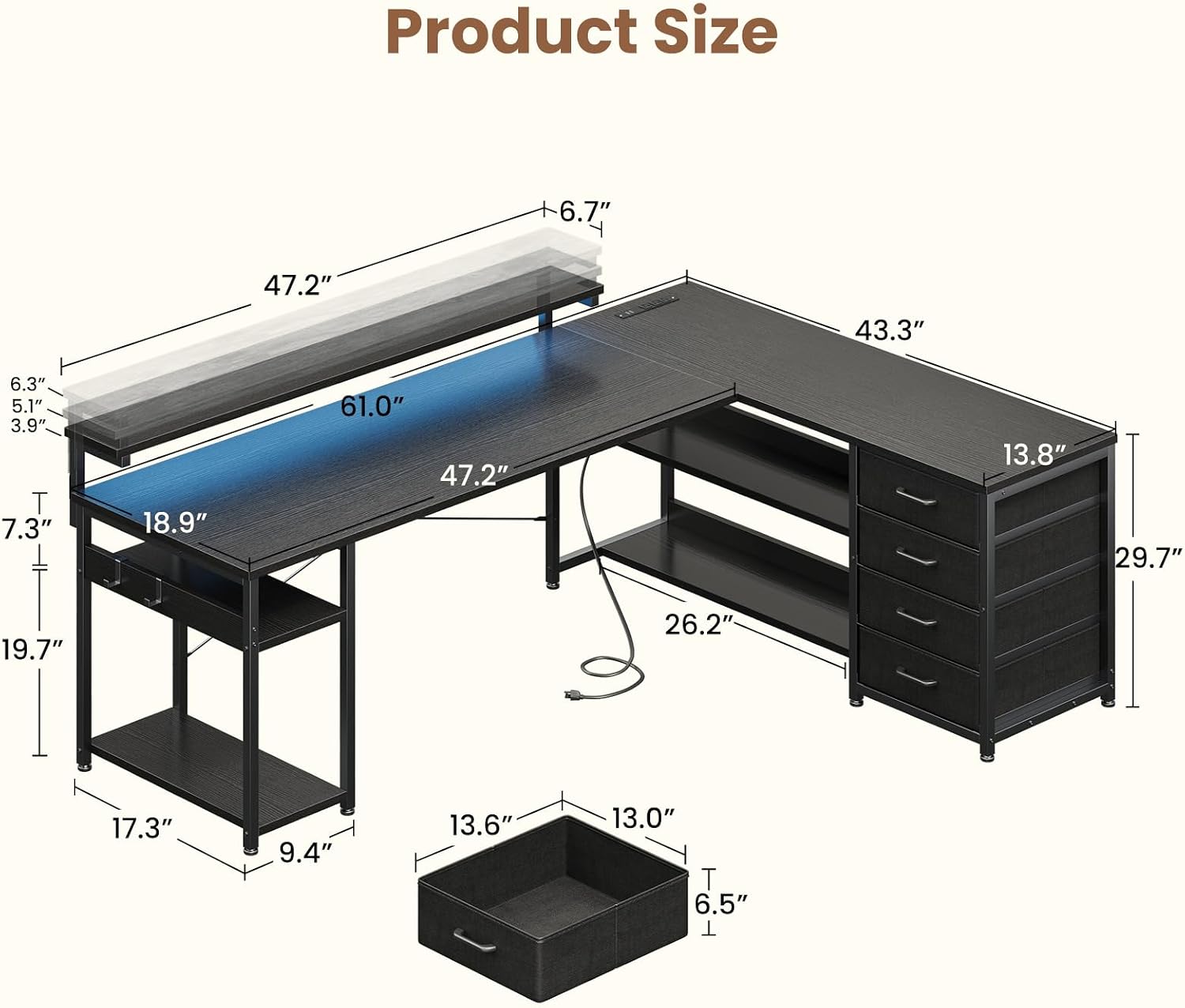 AODK 61' L Shaped Desk with Drawer, Computer Desk with Power Outlets & LED Lights, Reversible Corner Gaming Desk for Home Office Workstation, Office Desk with Monitor Shelf, Pure Black