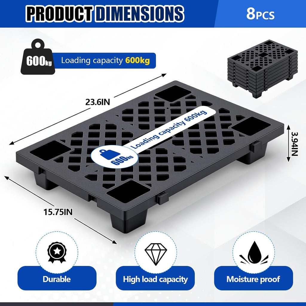 8 Pcs Plastic Pallets for Basement Storage Nestable Moisture Waterproof Lightweight Floor Pallets with Breathable Grid for Indoor Outdoor Supermarket Warehouse (23.6 x 15.8 x 3.9 Inch,Black)