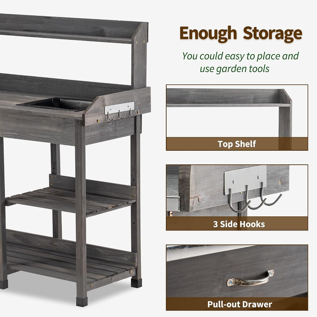 MCombo Potting Bench, Outdoor Garden Potting Table with Dry Sink, Drawer, Storage Shelves, Natural Wooden Work Station for Patio, Backyard and Porch 0458 (Grey)