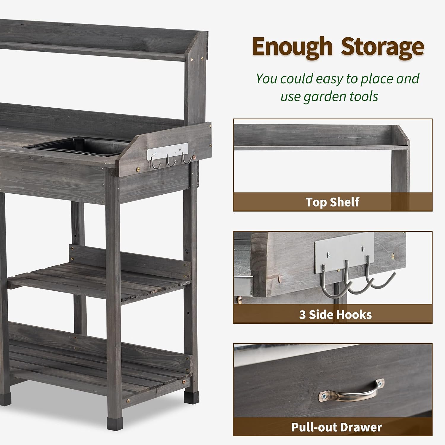MCombo Potting Bench, Outdoor Garden Potting Table with Dry Sink, Drawer, Storage Shelves, Natural Wooden Work Station for Patio, Backyard and Porch 0458 (Grey)