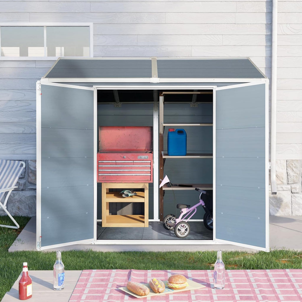 8x4ft Resin Outdoor Storage Shed: Double Doors & Two Windows, Heavy-Duty Plastic Shed with Floor, Waterproof UV-Proof Garden Tool Storage for Backyard, Patio, Yard, Lawn