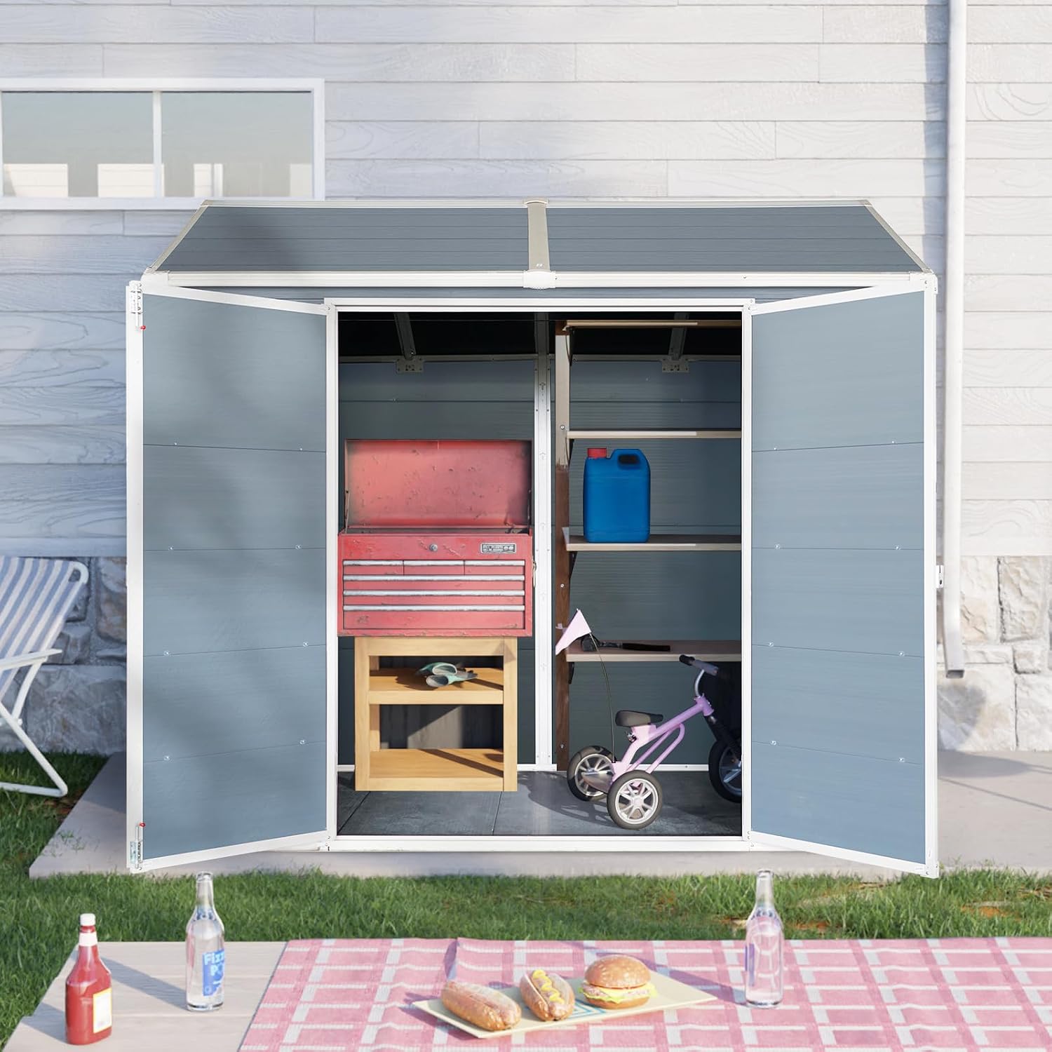 8x4ft Resin Outdoor Storage Shed: Double Doors & Two Windows, Heavy-Duty Plastic Shed with Floor, Waterproof UV-Proof Garden Tool Storage for Backyard, Patio, Yard, Lawn