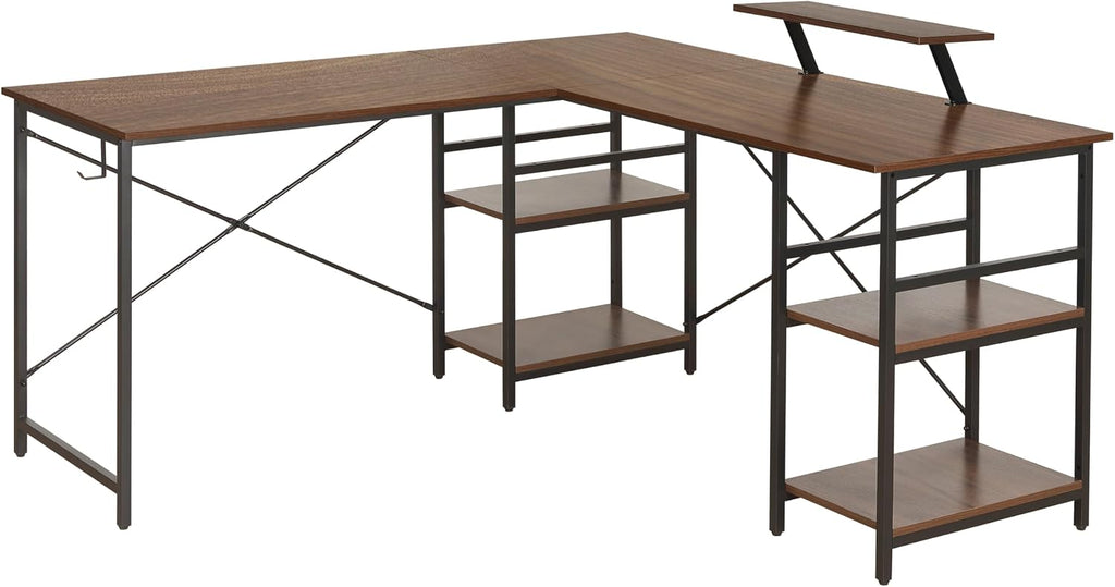 Techni Mobili Office Desk - Reversible L Shaped Desk with Storage Shelves, Monitor Stand & Accessory Holder - Ergonomic & Industrial Workstation Corner Table with Durable Steel Frame, Walnut