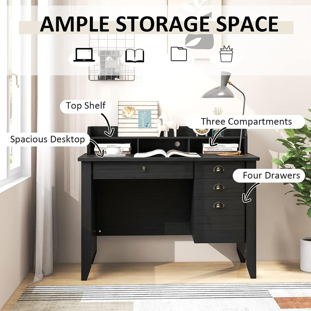 48' Vintage Computer Desk with 4 Storage Drawers & Top Hutch, Home Office Workstation with Drawer & Monitor Stand, Wooden Study Work Writing Table (Black)