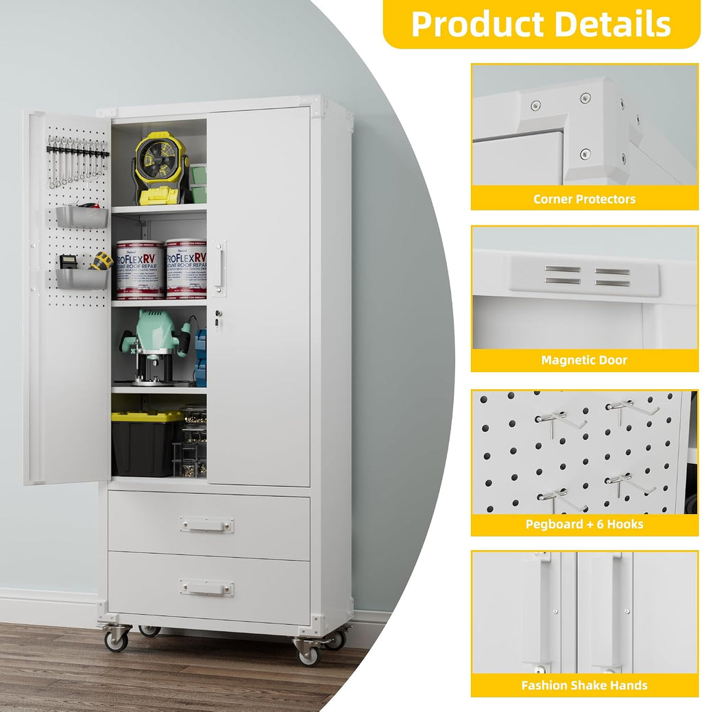 Reemoon Garage Storage Cabinet with 2 Drawers and Pegboard, Metal Storage Cabinet with 2 Lockable Doors for Garage Home Warehouse,Required Assembly,White,71.2' H*15.2' D*30' W
