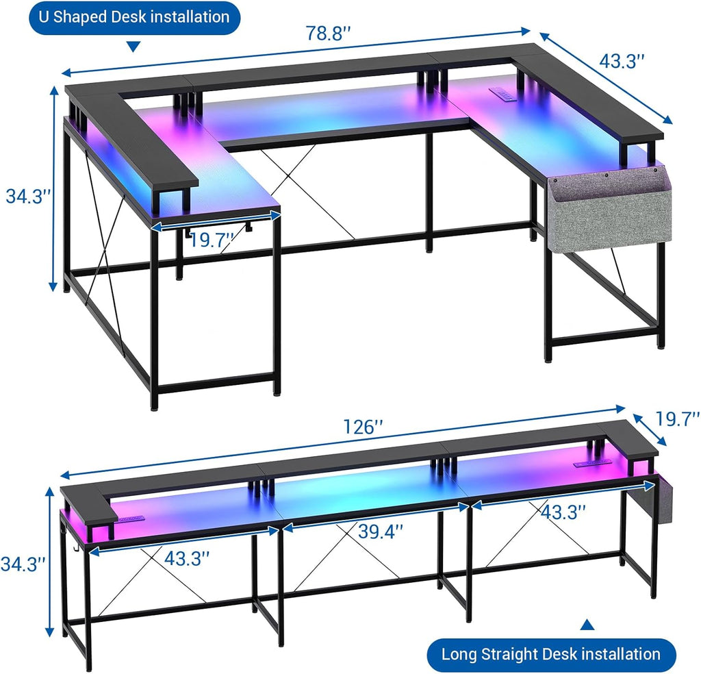 79 Inch u Shaped Desk with Power Outlets, LED Strip & Monitor Stand, Large Corner Computer Desk with Monitor Stand & with Storage Shelves for Home Office