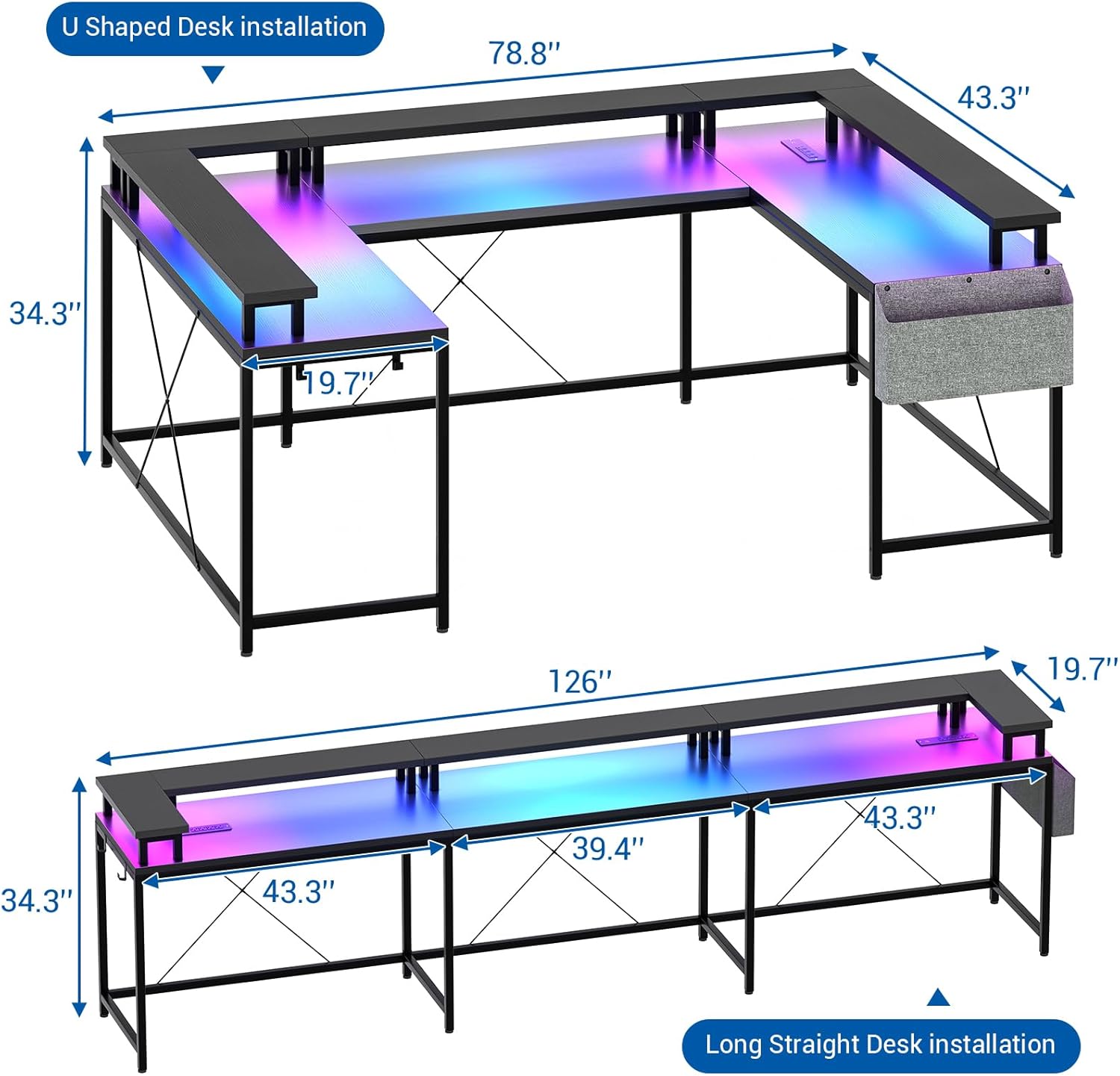 79 Inch u Shaped Desk with Power Outlets, LED Strip & Monitor Stand, Large Corner Computer Desk with Monitor Stand & with Storage Shelves for Home Office