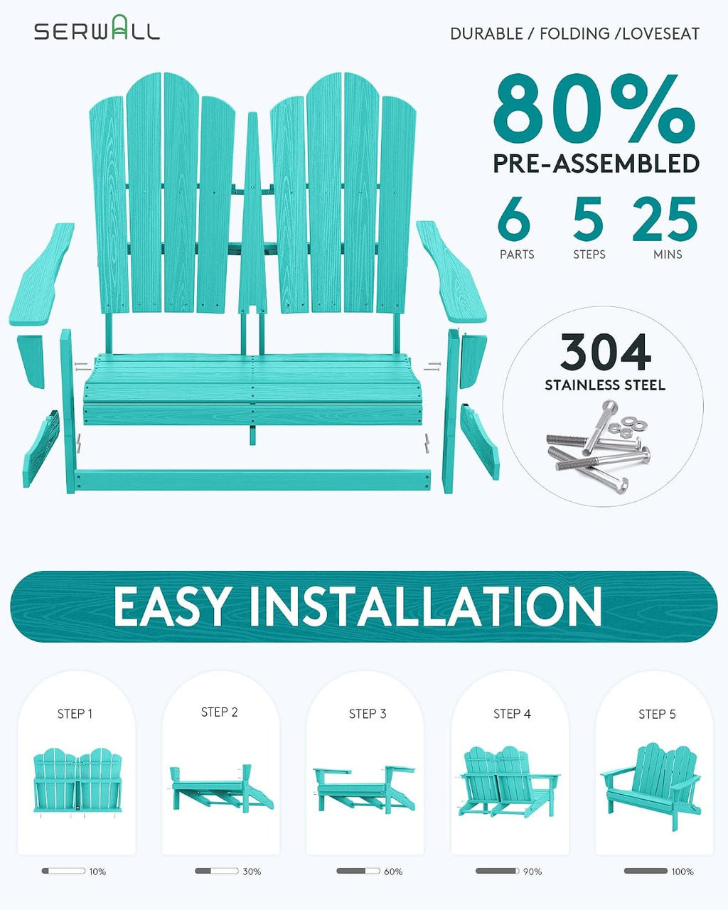 SERWALL Folding Adirondack Bench, HDPE All-Weather Adirondack Loveseat, 660 lbs Capacity, Foldable Outdoor Patio Bench for Deck, Lawn, Garden, Aruba
