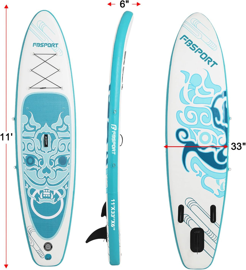 FBSPORT 11' Premium Stand Up Paddle Board, Yoga Board with SUP Accessories & Carry Bag | Wide Stance, Surf Control, Non-Slip Deck, Leash, Paddle and Pump for Youth & Adult