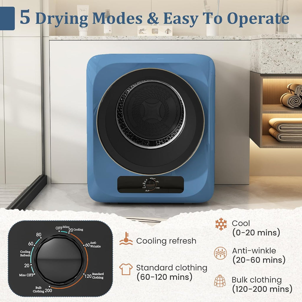 Auertech 1.5 Cu.Ft Portable Clothes Dryer, 850 W Front Load Electric Dryer Machine with Stainless Steel Drum, Simple Control Knob, Compact Tumble Dryer for Laundry Apartment, Dorm, RV, Blue
