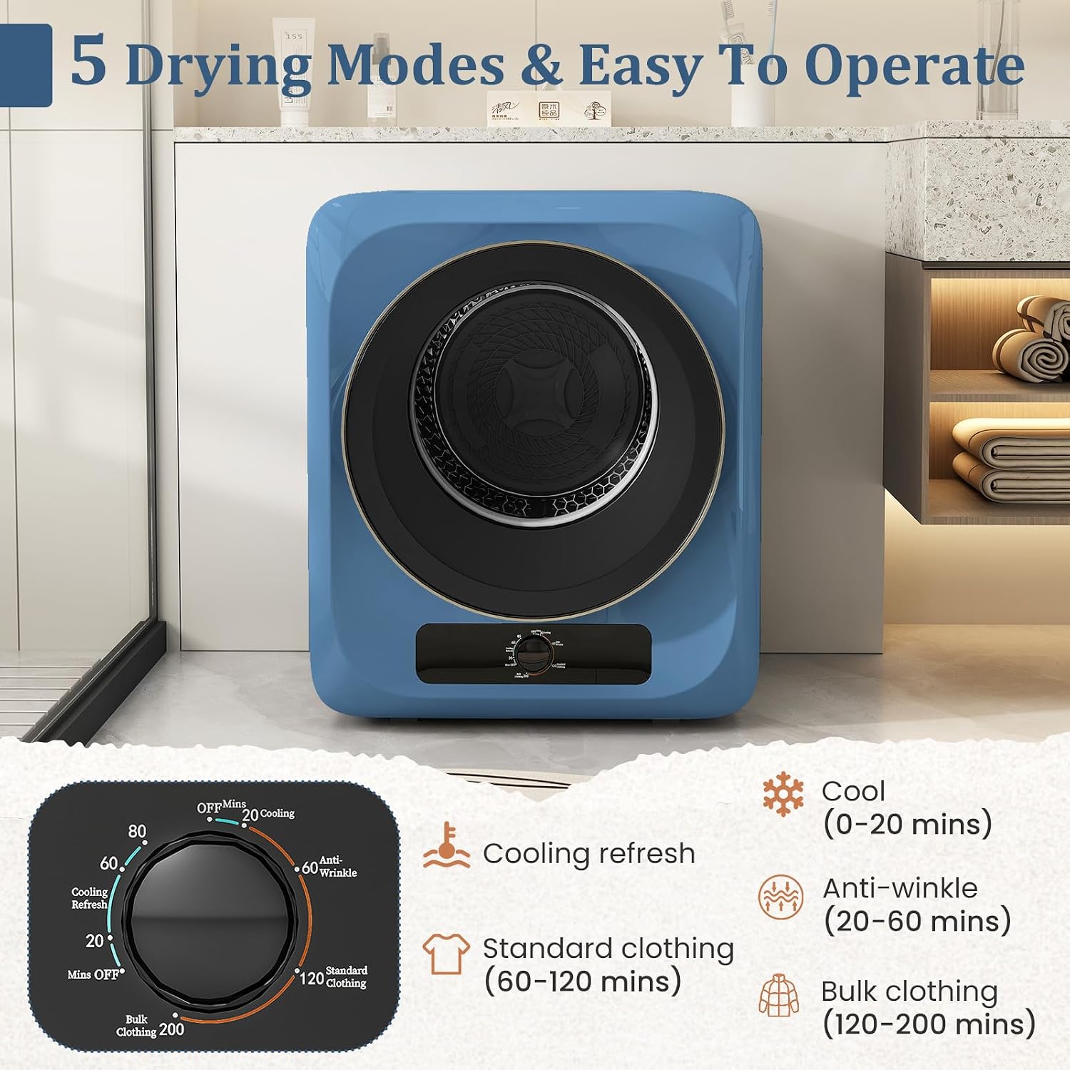 Auertech 1.5 Cu.Ft Portable Clothes Dryer, 850 W Front Load Electric Dryer Machine with Stainless Steel Drum, Simple Control Knob, Compact Tumble Dryer for Laundry Apartment, Dorm, RV, Blue