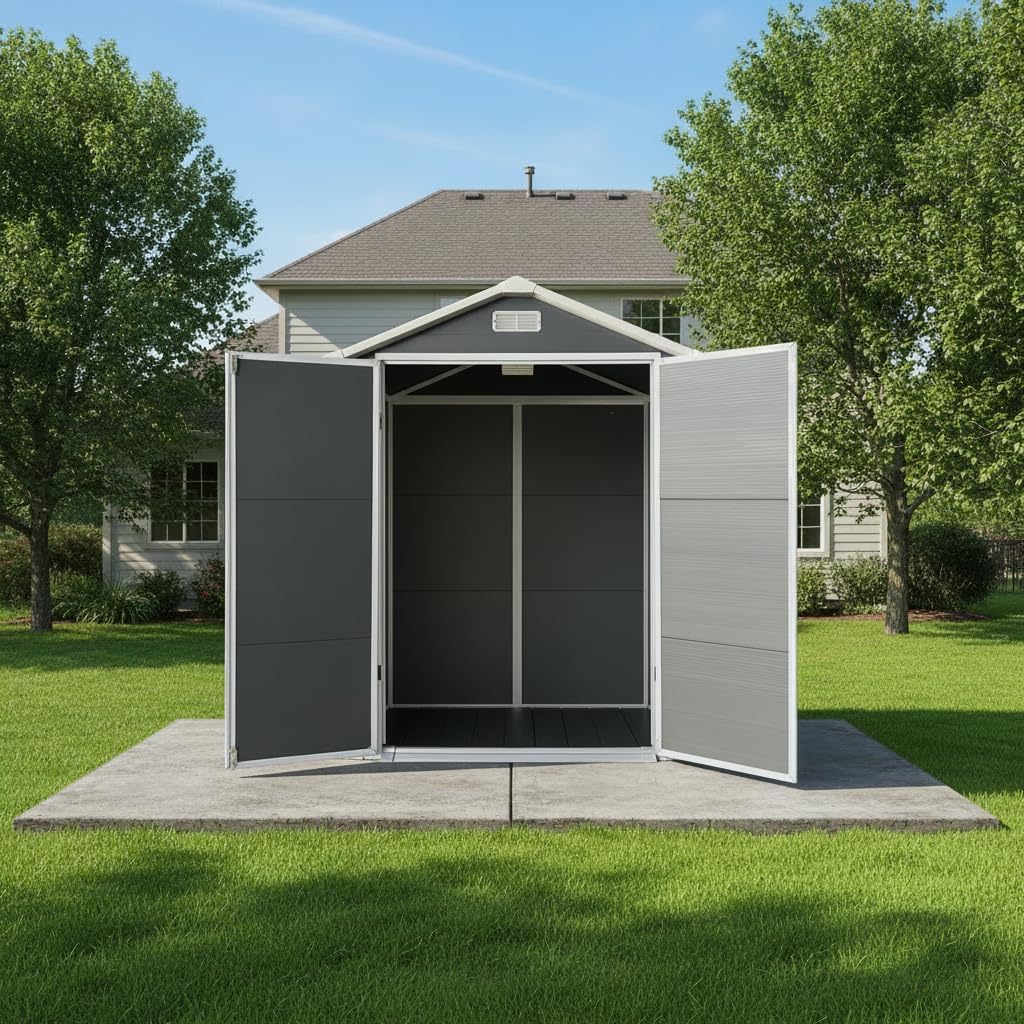 YOPTO 6x4 FT Plastic Storage Shed,Outdoor Storage Shed with Floor and Lockable Door,Waterproof Garden Shed W/Windows & Vents,Sloped Roof,Tool House for Storing Bicycles,Lawnmowers,Gray