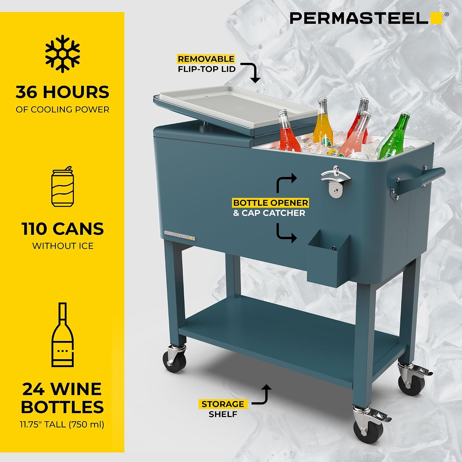 Permasteel Party Cooler with Divider, Removable Basin, Spacious 80-Qt Capacity, Chills 36hrs, Serving Tray, Rolling Ice Chest for Indoor & Outdoor