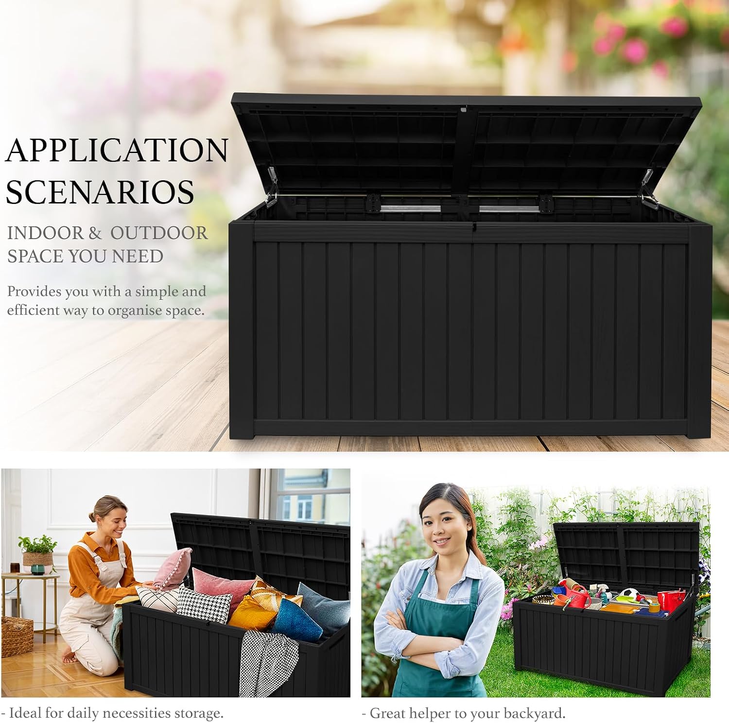 AJP Distributors Outdoor Storage Shed, Large Resin Storage Box, Waterproof and lockable, suitable for garden, patio, garage, backyard storage (Blcak, 180gal)