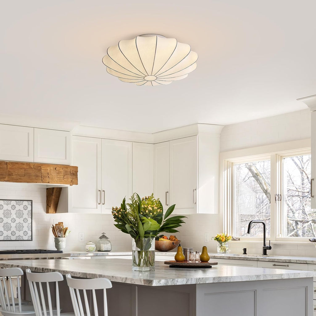 Japanese Silk Flush Mount Ceiling Light Mid Century Fabric Hanging Lantern Ceiling Light Modern White Overhead Light for Entrance Living Room Bedroom