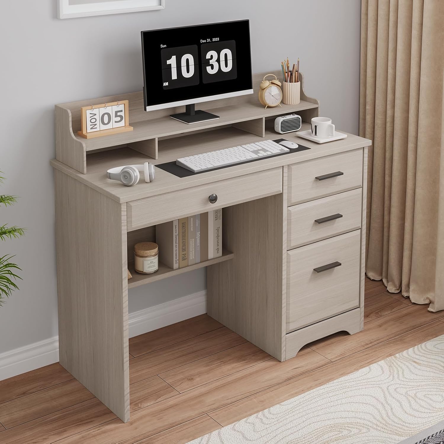 4 EVER WINNER Small Desk with Drawers for Small Spaces, 44'' Computer Desk with File Cabinet & Monitor Stand, Wood Writing Desk for Bedroom, Living Room, Off White