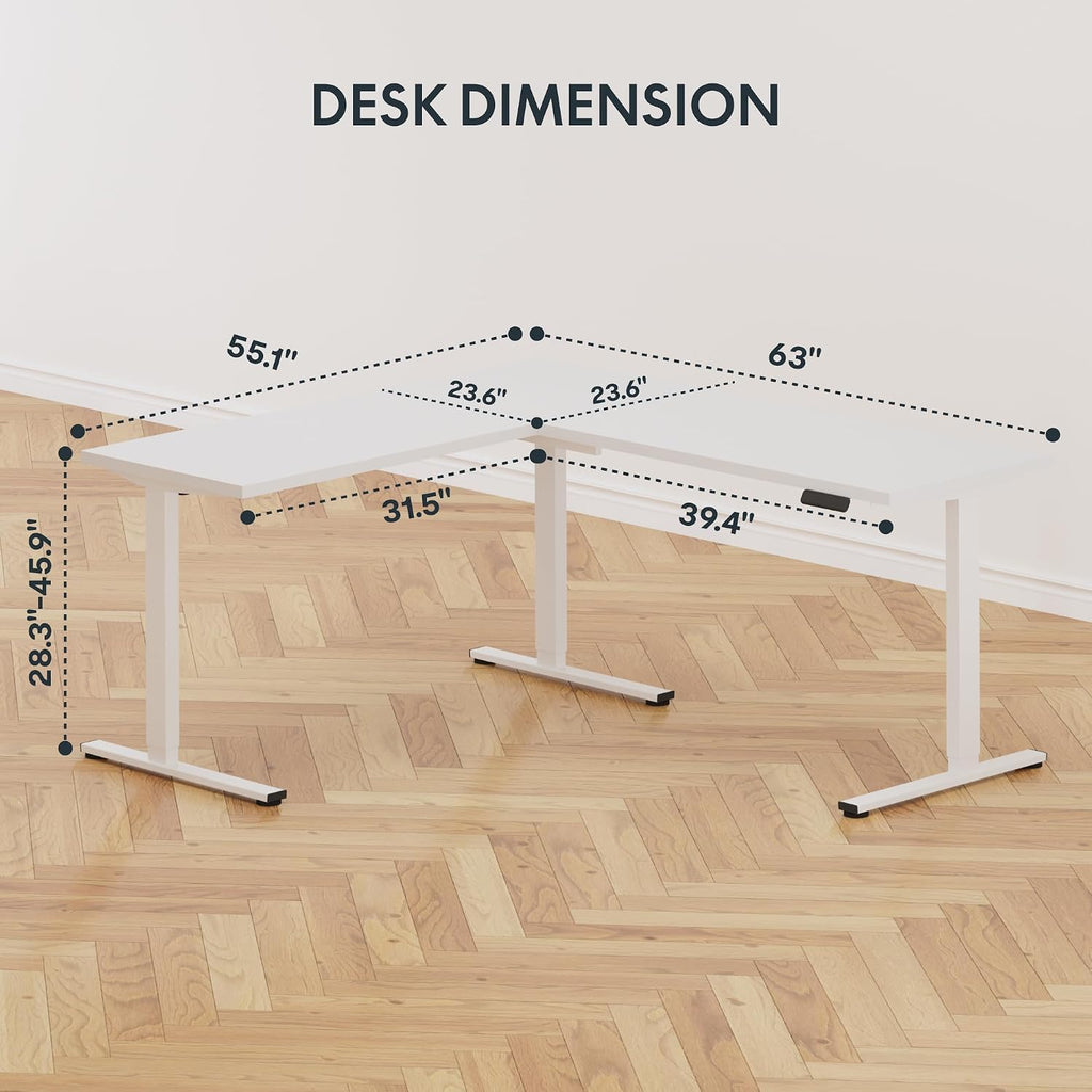 SANODESK L Shaped Standing Desk Adjustable Height, Electric Corner Standing Desk, 63 x 55 inch Sit Stand Computer Table with Splice Board, White