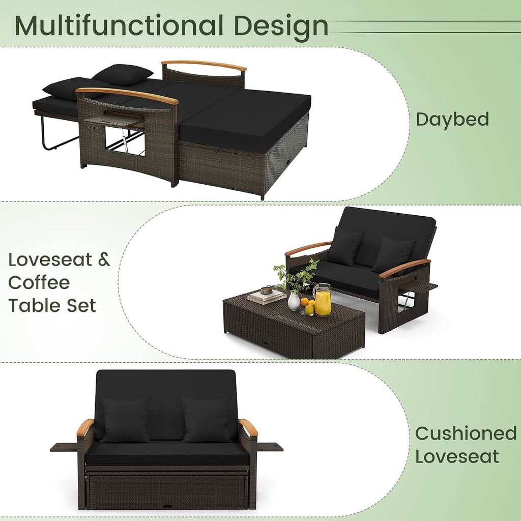 Tangkula Patio Rattan Daybed with 4-Level Adjustable Backrest, Outdoor Wicker Loveseat with Acacia Wood Armrest, Storage Ottoman & Folding Tray, Double Sunbed for Balcony, Backyard & Poolside (Black)