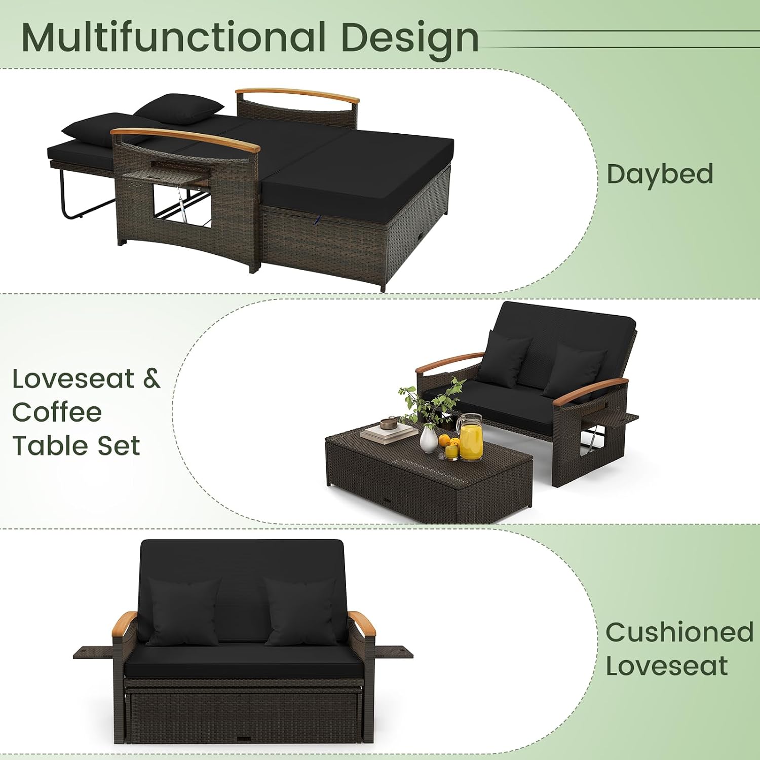 Tangkula Patio Rattan Daybed with 4-Level Adjustable Backrest, Outdoor Wicker Loveseat with Acacia Wood Armrest, Storage Ottoman & Folding Tray, Double Sunbed for Balcony, Backyard & Poolside (Black)