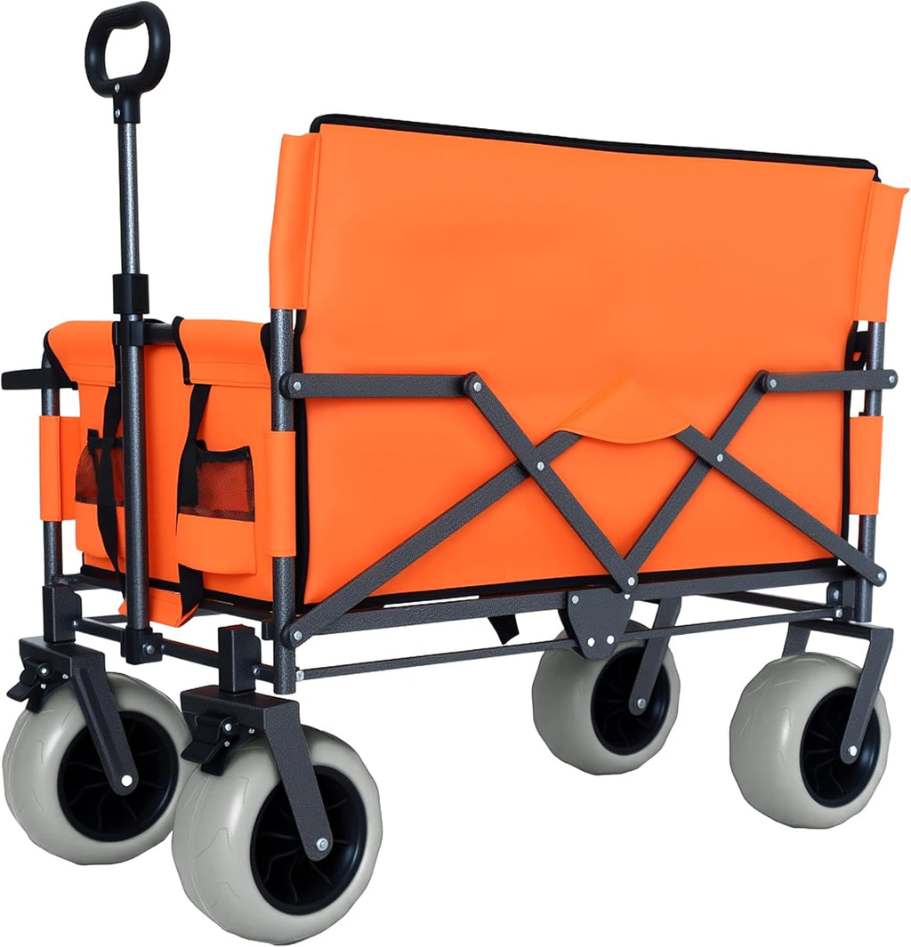 3-in-1 Folding Wagon with Bench Seat – 500lbs Capacity,Reinforced Carbon Steel Frame, 180L Cargo Space– Perfect for Camping, Beach, Outdoor Events & Heavy-Duty Hauling (Orange)