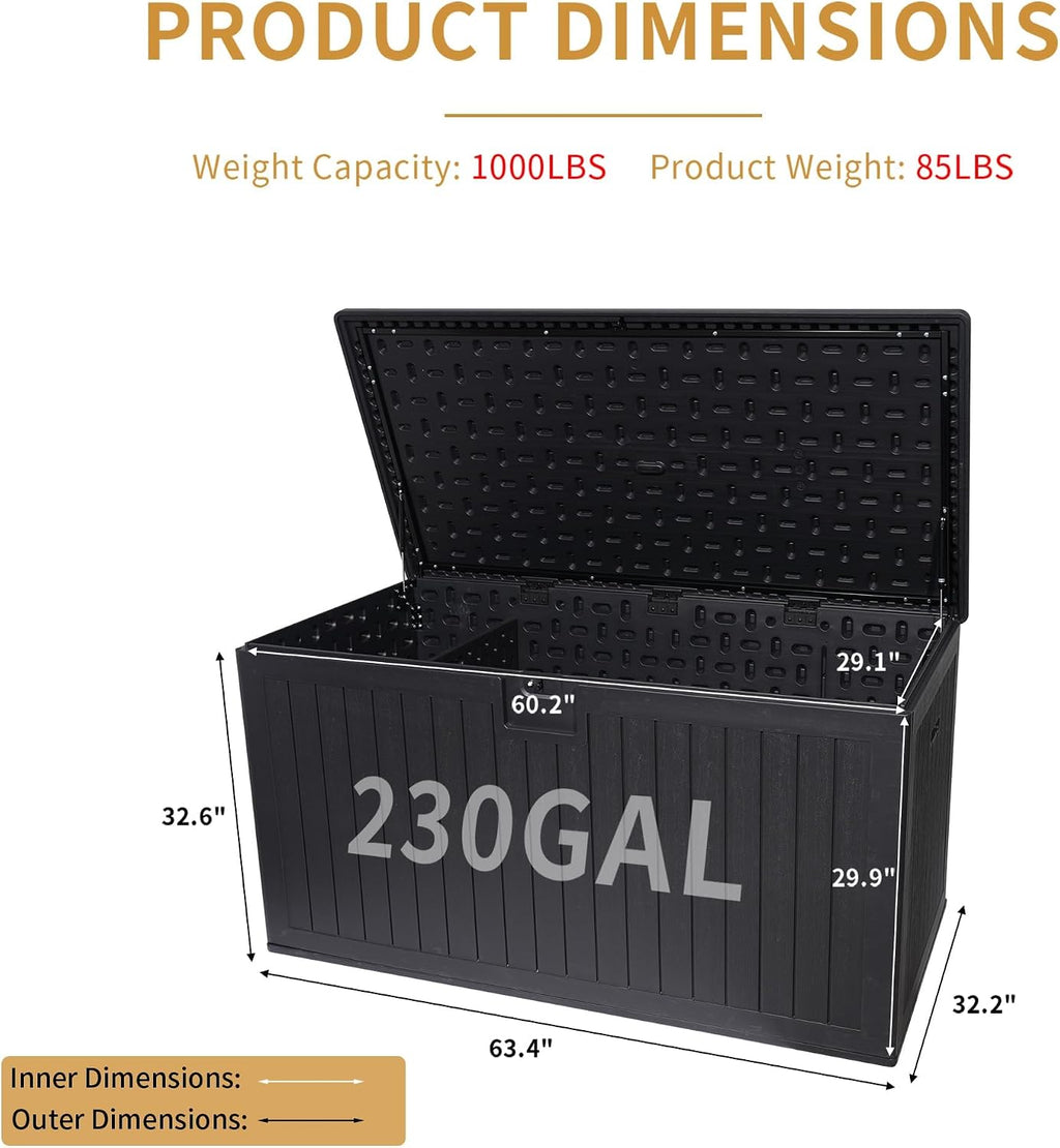 230 Gallon Deck Box Waterproof, Outdoor Storage Box Waterproof Lockable with Divider and Lifter Prevent Water Seeping into from Floor for Patio Cushions
