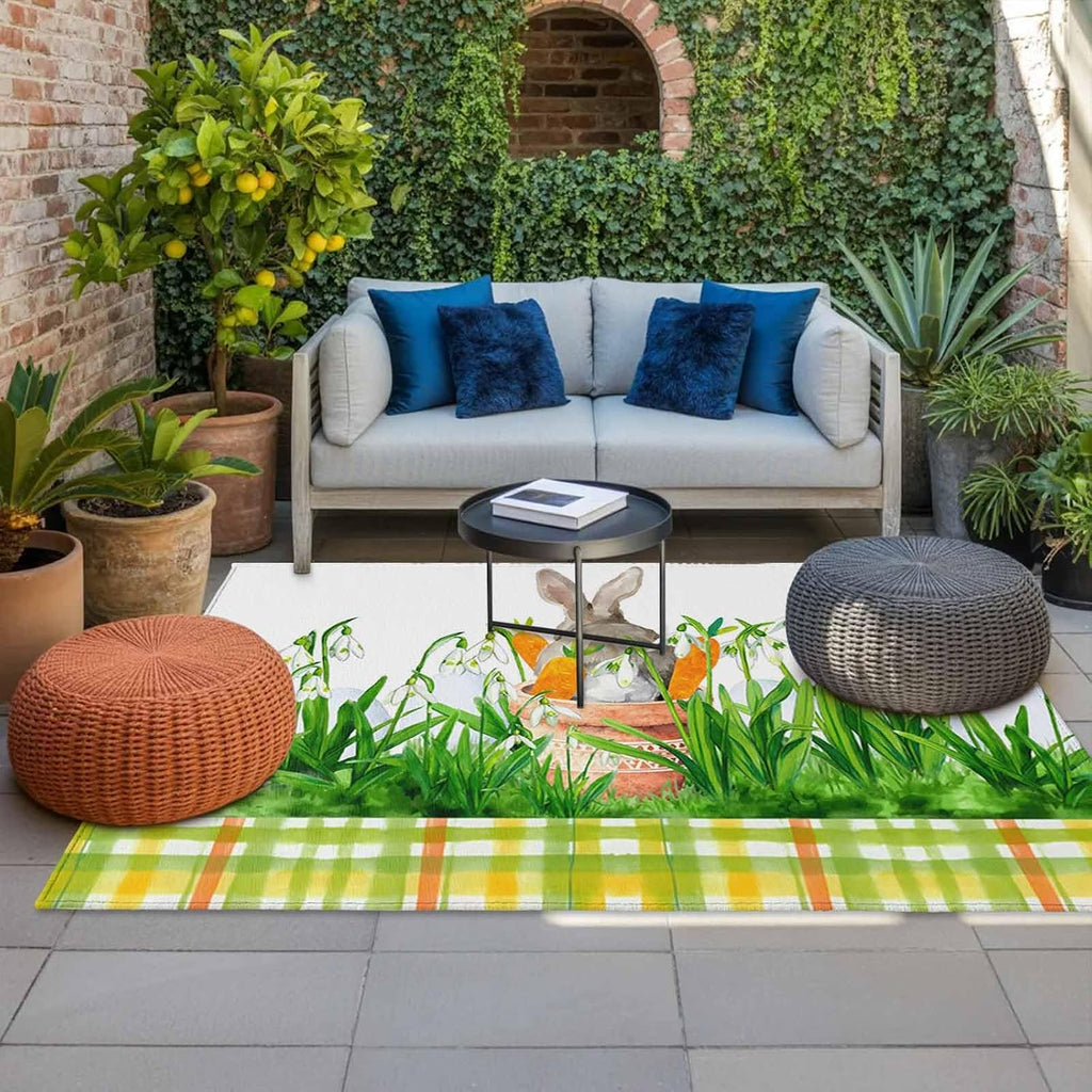 Easter Bunny Outdoor Rug for Patio/Deck/Porch, Non-Slip Large Area Rug 5 x 7 Ft, Spring Garden Floral Botanical Plaid Rustic Indoor Outdoor Rugs Washable Area Rugs, Camping Rug Carpet Runner