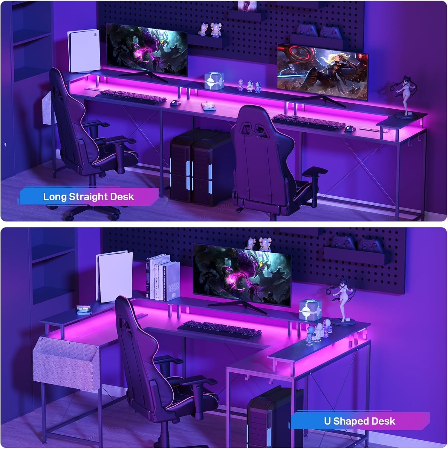 79 Inch u Shaped Desk with Power Outlets, LED Strip & Monitor Stand, Large Corner Computer Desk with Monitor Stand & with Storage Shelves for Home Office
