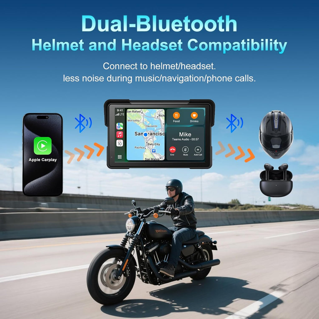 Wireless Motorcycle Apple Carplay & Android Auto,7 Inch Touchscreen with AHD Dual Cam,Siri & Google Assistant, Looping Recording/BSD/Bluetooth 5.2/ GPS/Remote Control/TMPS /IP69K Waterproof /128GB