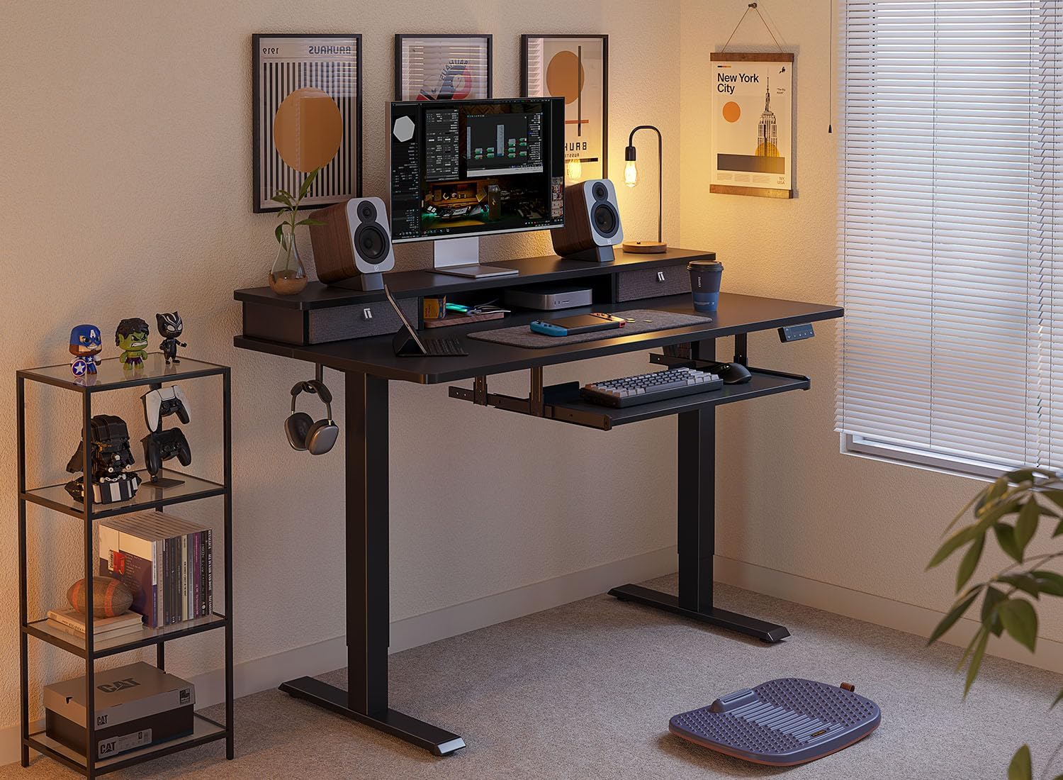 FEZIBO Standing Desk with Drawers and Keyboard Tray, 48'×24' Electric Height Adjustable Table with Monitor Shelf, Computer Home Office Sit and Stand up Workstation, Black