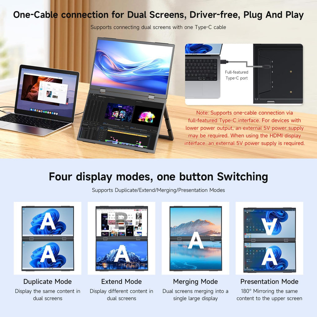 waveshare 14inch Dual-Screen Portable Monitor, Supports Windows/MacOS, Dual-1080p High Definition Foldable Screen, 100% SRGB, 178° Wide Viewing Angle, Built-in Gravity Sensor, Hi-Fi Speaker