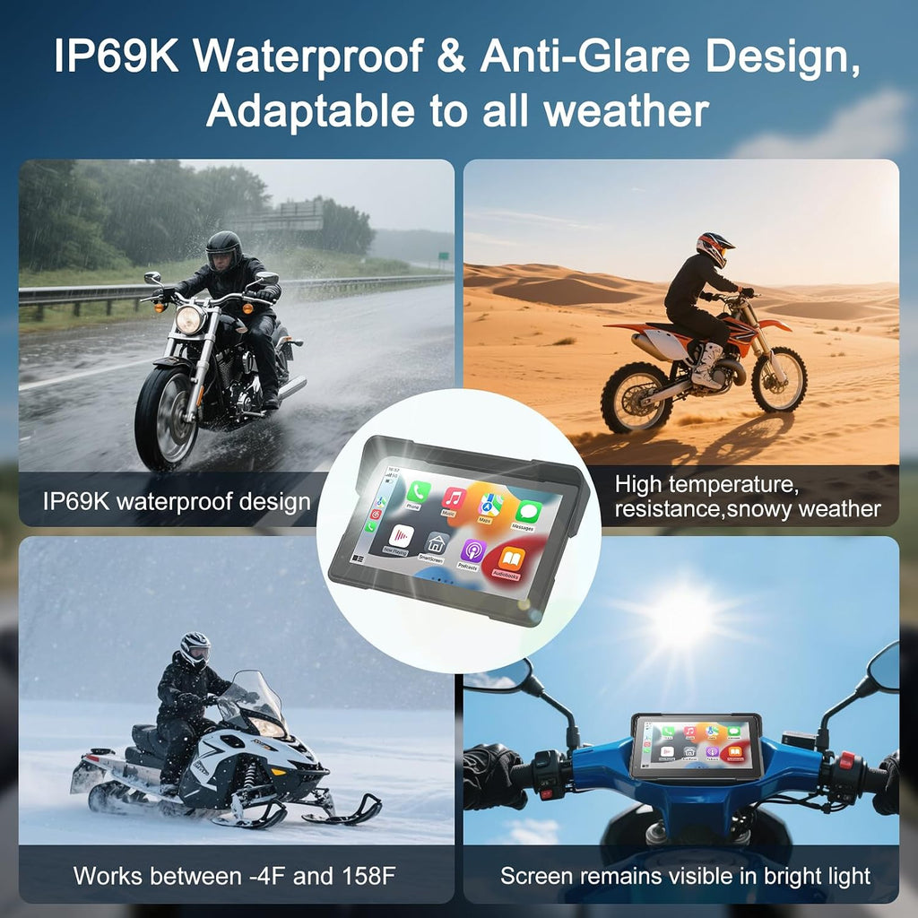Wireless Motorcycle Apple Carplay & Android Auto,7 Inch Touchscreen with AHD Dual Cam,Siri & Google Assistant, Looping Recording/BSD/Bluetooth 5.2/ GPS/Remote Control/TMPS /IP69K Waterproof /128GB