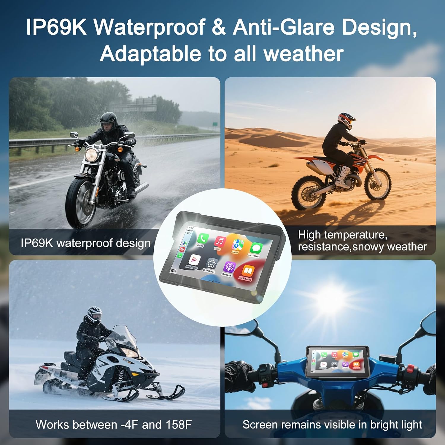 Wireless Motorcycle Apple Carplay & Android Auto,7 Inch Touchscreen with AHD Dual Cam,Siri & Google Assistant, Looping Recording/BSD/Bluetooth 5.2/ GPS/Remote Control/TMPS /IP69K Waterproof /128GB
