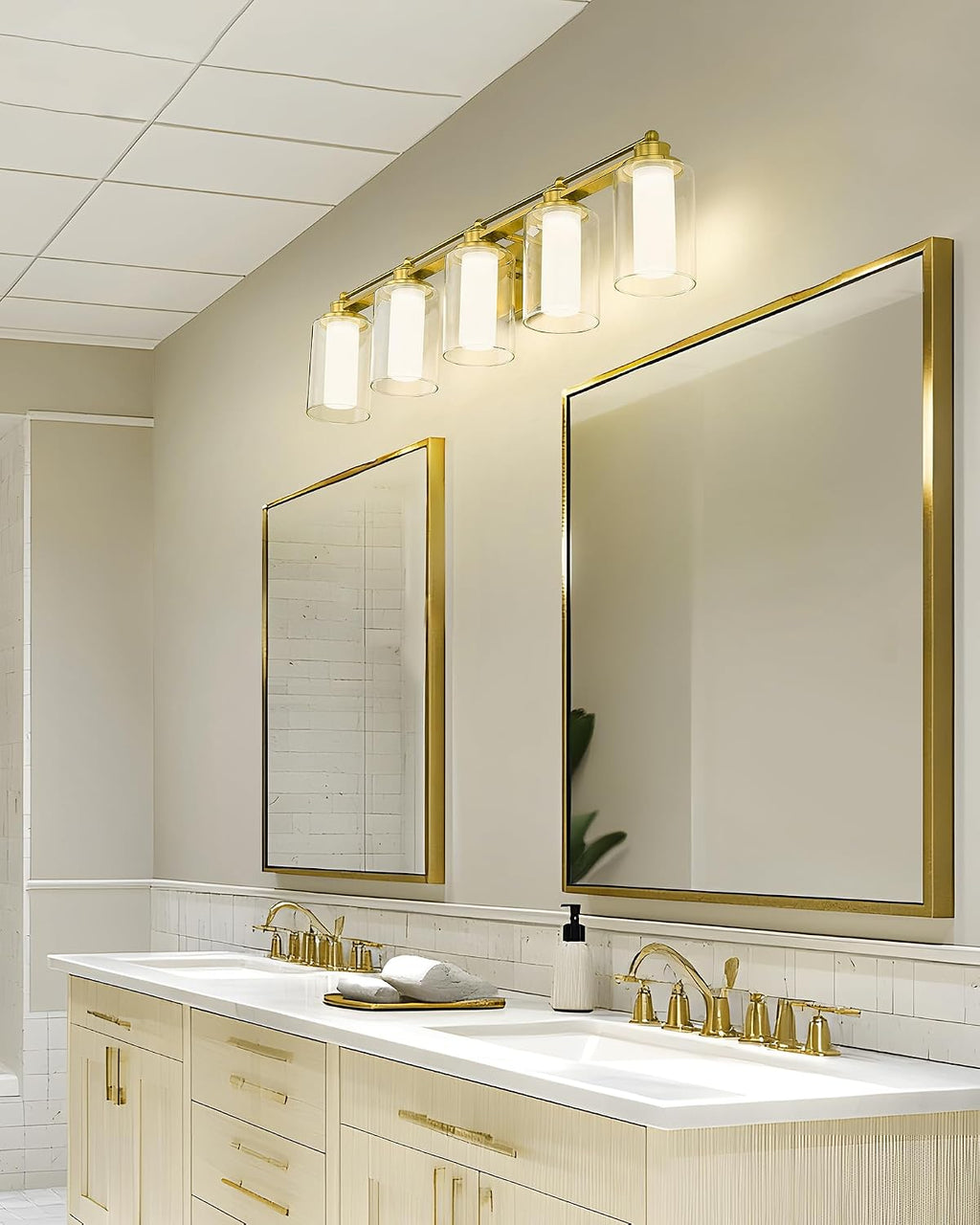 5 Light Vanity Light, HWH Brushed Gold Bathroom Light Fixtures Modern Vanity Lights Over Mirror with Clear Glass, 30W 5CCT Dimmable LED Vanity Lights for Bathroom, 5HLT63B-5W-LED BG