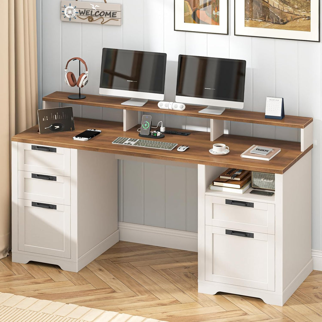 Vabches 61' Farmhouse Executive Desk with LED Lights and Power Outlets,Computer Desk with Monitor Stand & File Drawers,Large Workspace with Storage Drawers for Home Office,Study,White