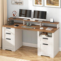 Vabches 61' Farmhouse Executive Desk with LED Lights and Power Outlets,Computer Desk with Monitor Stand & File Drawers,Large Workspace with Storage Drawers for Home Office,Study,White