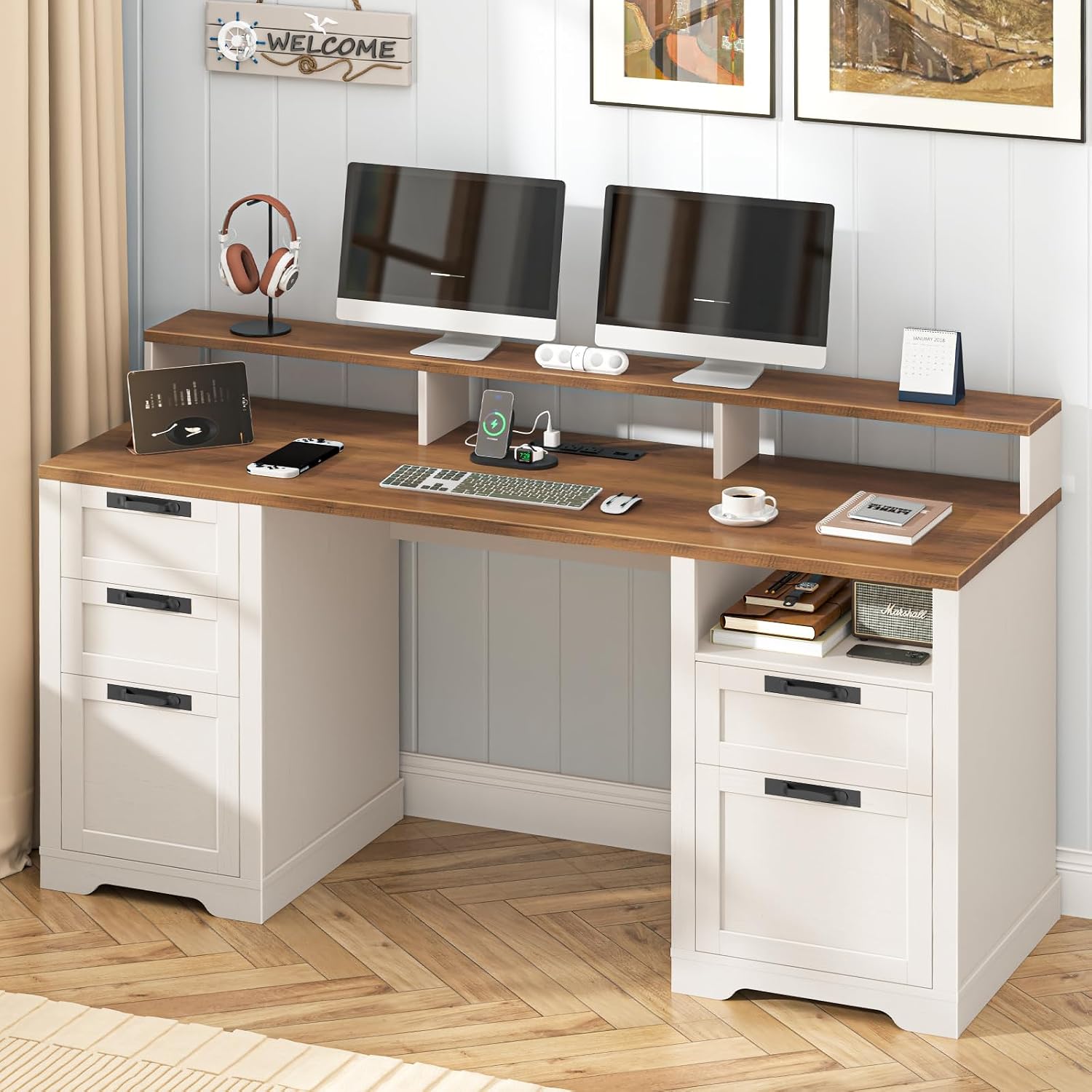 Vabches 61' Farmhouse Executive Desk with LED Lights and Power Outlets,Computer Desk with Monitor Stand & File Drawers,Large Workspace with Storage Drawers for Home Office,Study,White