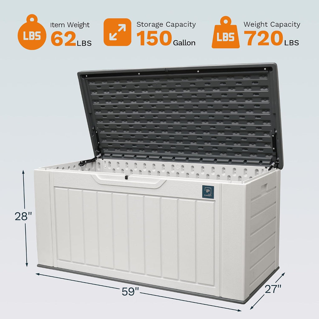 230 Gallon Large Deck Box, Durable Waterproof Resin Deck Box for Patio Furniture, Garden Tools, Pool Storage (White, 150Gallon)