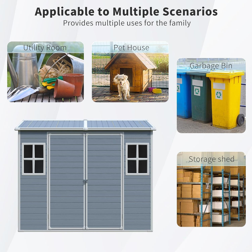 Resin Shed with Floor, Storage Shed with Floor, 8x4FT Outdoor Shed with 2 Windows and Lockable Door Sheds for Garden Tools, Bike