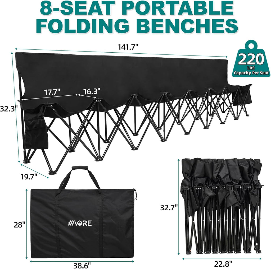 1MORE Soccer Bench - Portable Folding Team Bench, 8 Seats Foldable Sideline Benches, Soccer Chair with Bag & Backrest, Adult Team Chair for Football Camp Sport Events Outdoor Seating.Black