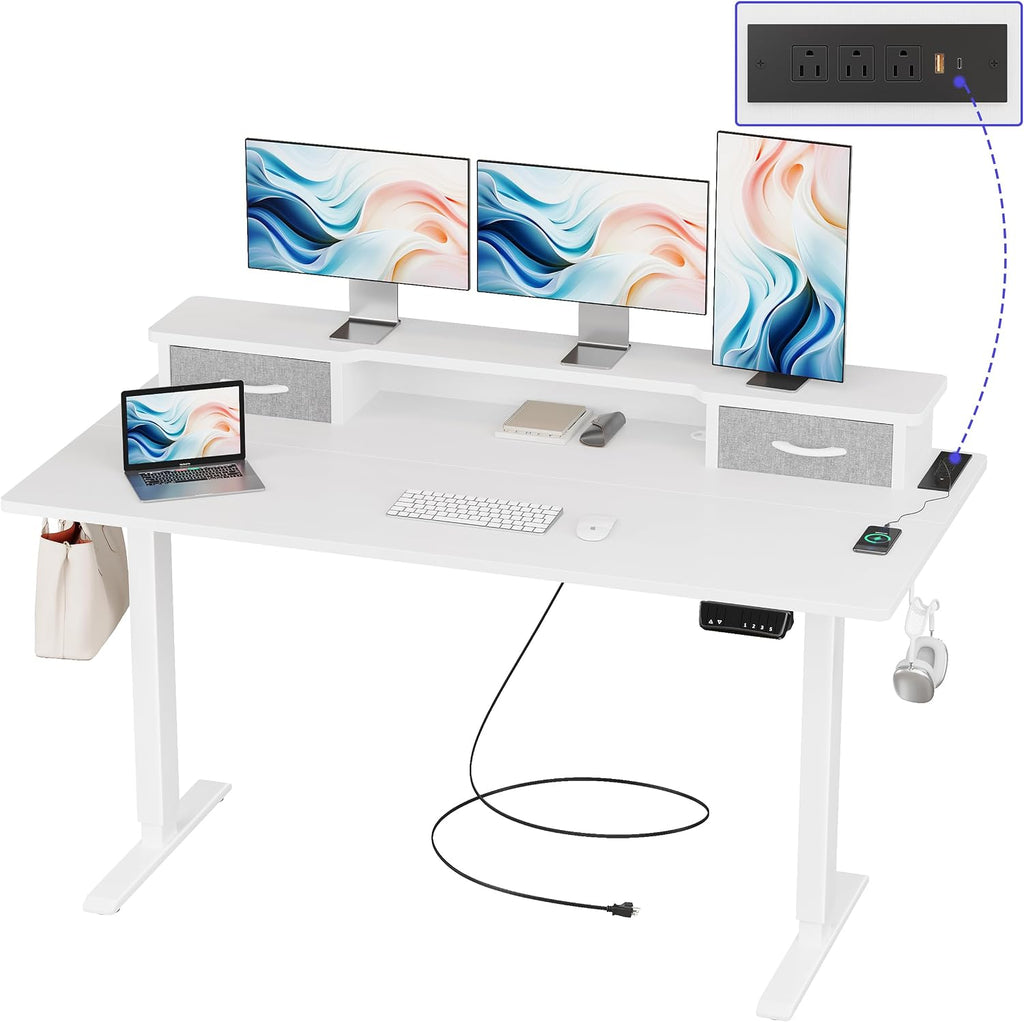 JOISCOPE 55 Inch Electric Standing Adjustable Height Desk with USB & Type-C Outlet, Home Office Computer Gaming Desk with Display Riser and Double Drawer, Sit Stand Desk, White