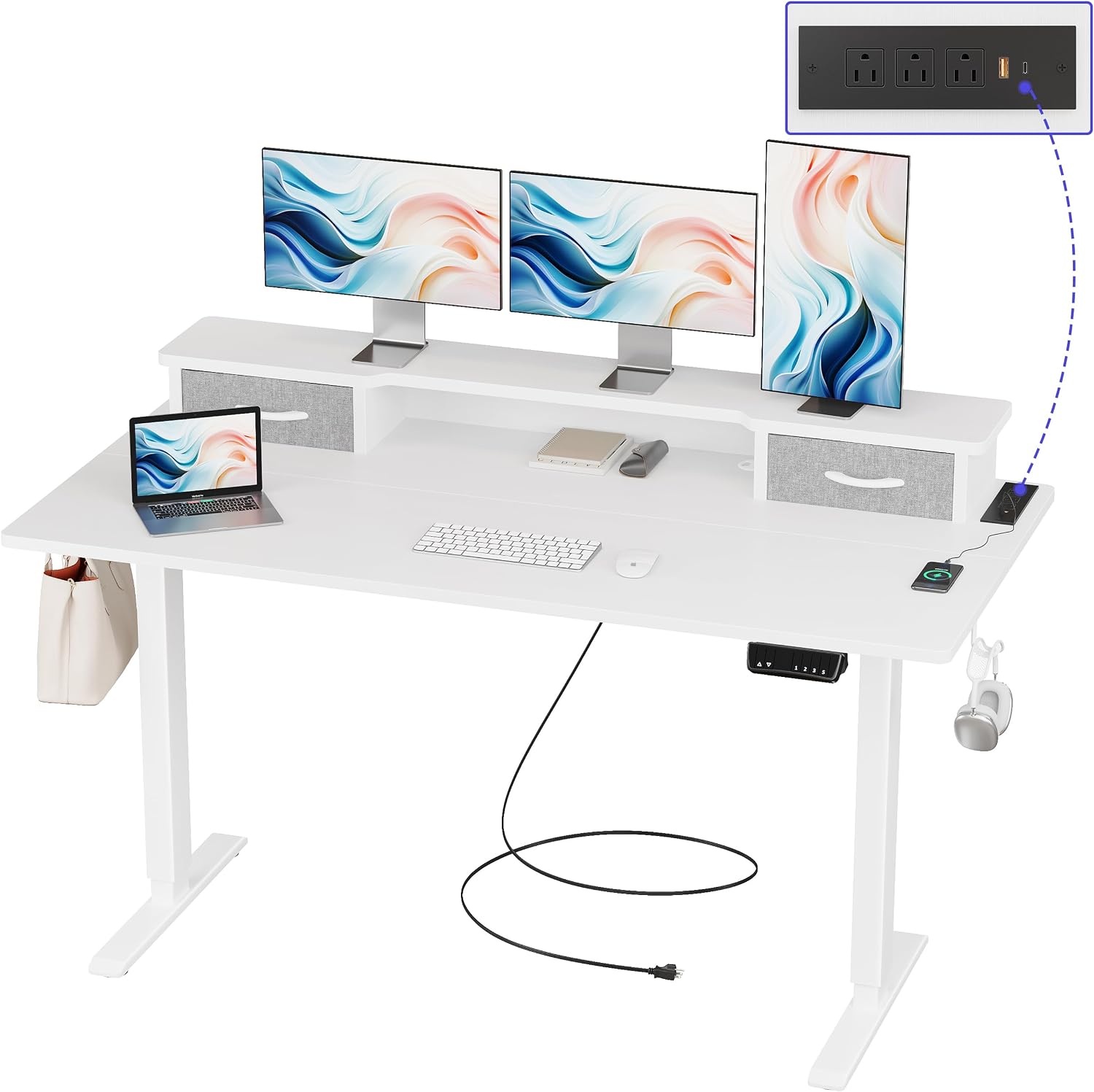 JOISCOPE 55 Inch Electric Standing Adjustable Height Desk with USB & Type-C Outlet, Home Office Computer Gaming Desk with Display Riser and Double Drawer, Sit Stand Desk, White