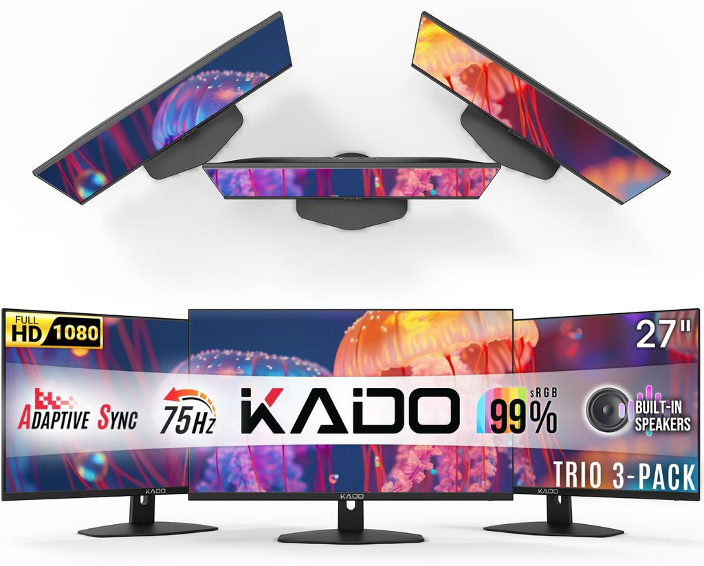 Kado Triple Monitor Setup - 3-Pack 27' 1920x1080 Computer Monitor 75Hz VESA Mount HDMI Office Gaming Hybrid Built-in Speakers (E27 Trio Series)